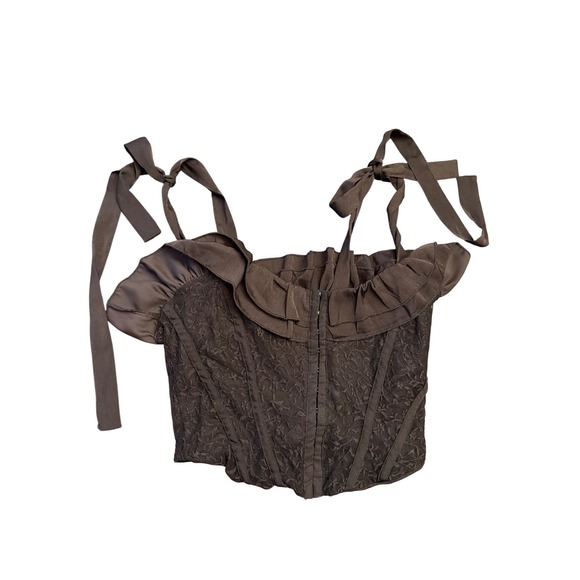 Forever 21 Tops - Forever 21 Black Lace Corset Top Ruffle Tie Strap Bustier